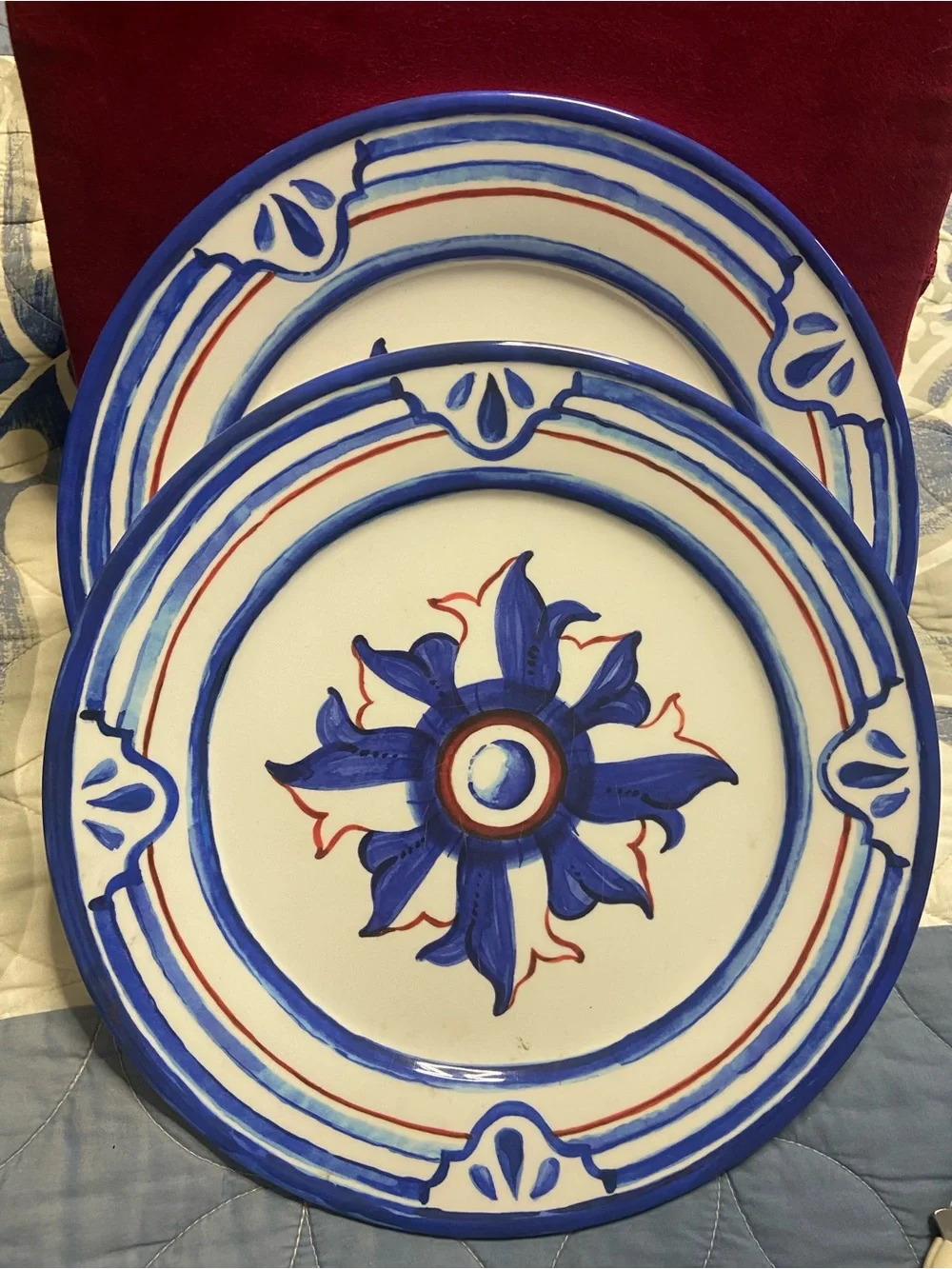 2PC. WILLIAM-SONOMA Melamine Plastic SICILY Blue Star Band Dinner Plate
